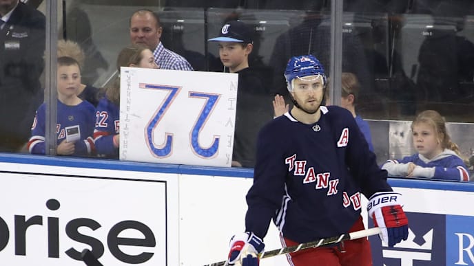 NEW YORK, NEW YORK - APRIL 05: Kevin Shattenkirk #22 of the New York Rangers skates in warm-ups past fans with an upside down sign for him, prior to the game against the Columbus Blue Jackets at Madison Square Garden on April 05, 2019 in New York City. (Photo by Bruce Bennett/Getty Images) NEW YORK, NEW YORK - APRIL 05: Kevin Shattenkirk #22 of the New York Rangers skates in warm-ups past fans with an upside down sign for him, prior to the game against the Columbus Blue Jackets at Madison Square Garden on April 05, 2019 in New York City. (Photo by Bruce Bennett/Getty Images)