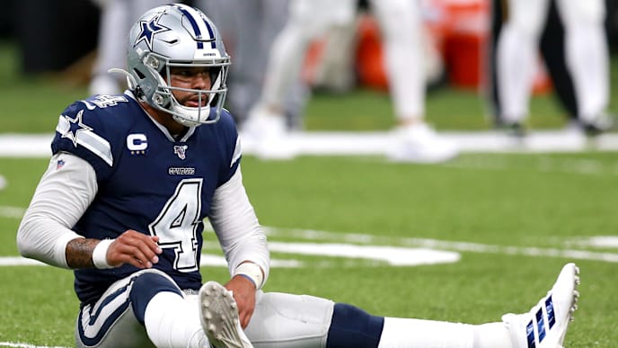 NEW ORLEANS, LOUISIANA - SEPTEMBER 29: Dak Prescott #4 of the Dallas Cowboys sits on the field after throwing an incomplete pass during a NFL game against the New Orleans Saints at the Mercedes Benz Superdome on September 29, 2019 in New Orleans, Louisiana. (Photo by Sean Gardner/Getty Images) NEW ORLEANS, LOUISIANA - SEPTEMBER 29: Dak Prescott #4 of the Dallas Cowboys sits on the field after throwing an incomplete pass during a NFL game against the New Orleans Saints at the Mercedes Benz Superdome on September 29, 2019 in New Orleans, Louisiana. (Photo by Sean Gardner/Getty Images)