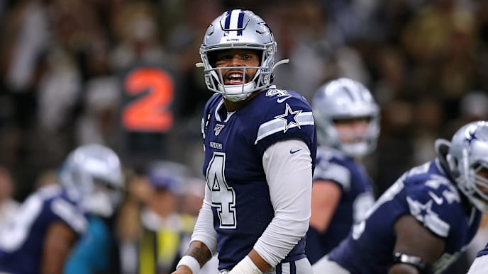 NEW ORLEANS, LOUISIANA - SEPTEMBER 29: Dak Prescott #4 of the Dallas Cowboys reacts during a game against the New Orleans Saints at the Mercedes Benz Superdome on September 29, 2019 in New Orleans, Louisiana. (Photo by Jonathan Bachman/Getty Images) NEW ORLEANS, LOUISIANA - SEPTEMBER 29: Dak Prescott #4 of the Dallas Cowboys reacts during a game against the New Orleans Saints at the Mercedes Benz Superdome on September 29, 2019 in New Orleans, Louisiana. (Photo by Jonathan Bachman/Getty Images)