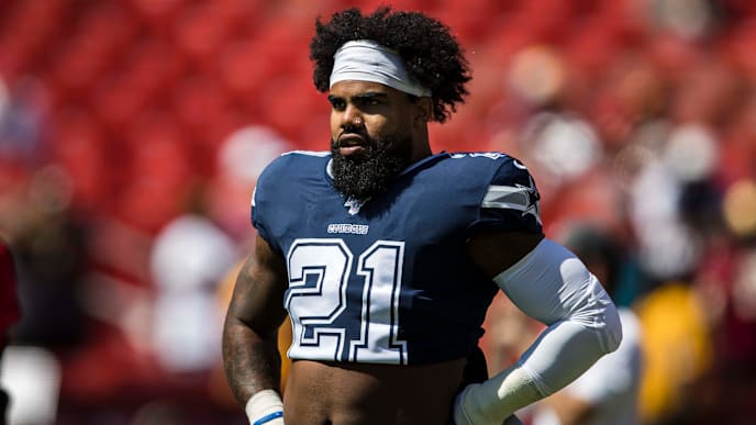 LANDOVER, MD - SEPTEMBER 15: Ezekiel Elliott #21 of the Dallas Cowboys looks on before the game against the Washington Redskins at FedExField on September 15, 2019 in Landover, Maryland. (Photo by Scott Taetsch/Getty Images) LANDOVER, MD - SEPTEMBER 15: Ezekiel Elliott #21 of the Dallas Cowboys looks on before the game against the Washington Redskins at FedExField on September 15, 2019 in Landover, Maryland. (Photo by Scott Taetsch/Getty Images)