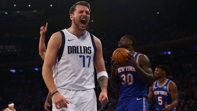 NEW YORK, NEW YORK - NOVEMBER 14: Luka Doncic #77 of the Dallas Mavericks in action against the New York Knicks at Madison Square Garden on November 14, 2019 in New York City. New York Knicks defeated the Dallas Mavericks 106-103. NOTE TO USER: User expressly acknowledges and agrees that, by downloading and or using this photograph, User is consenting to the terms and conditions of the Getty Images License Agreement. Mandatory Copyright Notice: Copyright 2019 NBAE (Photo by Mike Stobe/Getty Images) NEW YORK, NEW YORK - NOVEMBER 14: Luka Doncic #77 of the Dallas Mavericks in action against the New York Knicks at Madison Square Garden on November 14, 2019 in New York City. New York Knicks defeated the Dallas Mavericks 106-103. NOTE TO USER: User expressly acknowledges and agrees that, by downloading and or using this photograph, User is consenting to the terms and conditions of the Getty Images License Agreement. Mandatory Copyright Notice: Copyright 2019 NBAE (Photo by Mike Stobe/Getty Images)