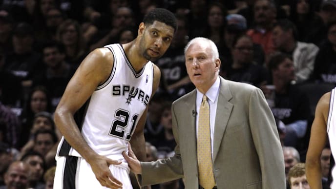 SAN ANTONIO, TX - APRIL 20: Tim Duncan #21 and head coach George Popovich of the San Antonio Spurs discuss strategy while playing the Dallas Mavericks in Game One of the Western Conference Quarterfinals during the 2014 NBA Playoffs at the AT&T Center on April 20, 2014 in San Antonio, Texas. NOTE TO USER: User expressly acknowledges and agrees that, by downloading and/or using this photograph, user is consenting to the terms and conditions of the Getty Images License Agreement. (Photo by Chris Covatta/Getty Images) SAN ANTONIO, TX - APRIL 20: Tim Duncan #21 and head coach George Popovich of the San Antonio Spurs discuss strategy while playing the Dallas Mavericks in Game One of the Western Conference Quarterfinals during the 2014 NBA Playoffs at the AT&T Center on April 20, 2014 in San Antonio, Texas. NOTE TO USER: User expressly acknowledges and agrees that, by downloading and/or using this photograph, user is consenting to the terms and conditions of the Getty Images License Agreement. (Photo by Chris Covatta/Getty Images)