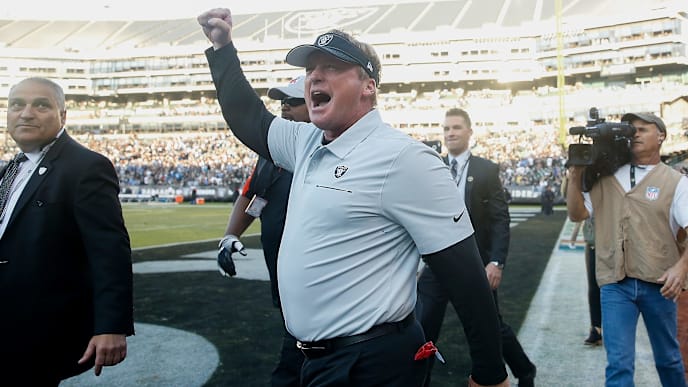 OAKLAND, CALIFORNIA - NOVEMBER 03: Head coach Jon Gruden of the Oakland Raiders celebrates with fans after a win in the game against the Detroit Lions at RingCentral Coliseum on November 03, 2019 in Oakland, California. (Photo by Lachlan Cunningham/Getty Images) OAKLAND, CALIFORNIA - NOVEMBER 03: Head coach Jon Gruden of the Oakland Raiders celebrates with fans after a win in the game against the Detroit Lions at RingCentral Coliseum on November 03, 2019 in Oakland, California. (Photo by Lachlan Cunningham/Getty Images)