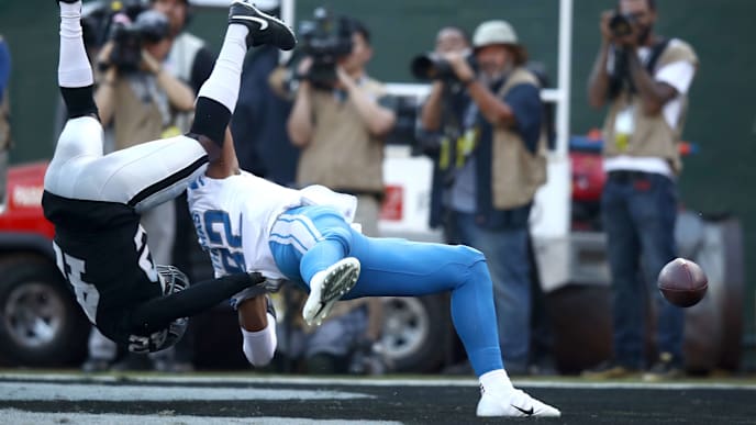 OAKLAND, CALIFORNIA - NOVEMBER 03: Karl Joseph #42 of the Oakland Raiders stops Logan Thomas #82 of the Detroit Lions from catching a pass in the end zone on fourth down at the end of their game at RingCentral Coliseum on November 03, 2019 in Oakland, California. This play clinched the victory for the Raiders. (Photo by Ezra Shaw/Getty Images) OAKLAND, CALIFORNIA - NOVEMBER 03: Karl Joseph #42 of the Oakland Raiders stops Logan Thomas #82 of the Detroit Lions from catching a pass in the end zone on fourth down at the end of their game at RingCentral Coliseum on November 03, 2019 in Oakland, California. This play clinched the victory for the Raiders. (Photo by Ezra Shaw/Getty Images)