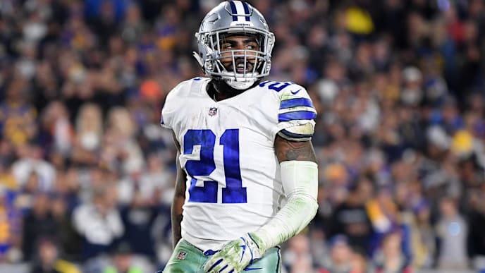 LOS ANGELES, CA - JANUARY 12: Ezekiel Elliott #21 of the Dallas Cowboys celebrates after scoring a 1 yard touchdown in the third quarter against the Los Angeles Rams in the NFC Divisional Playoff game at Los Angeles Memorial Coliseum on January 12, 2019 in Los Angeles, California. (Photo by Harry How/Getty Images) LOS ANGELES, CA - JANUARY 12: Ezekiel Elliott #21 of the Dallas Cowboys celebrates after scoring a 1 yard touchdown in the third quarter against the Los Angeles Rams in the NFC Divisional Playoff game at Los Angeles Memorial Coliseum on January 12, 2019 in Los Angeles, California. (Photo by Harry How/Getty Images)