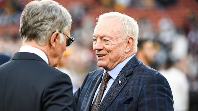LOS ANGELES, CA - JANUARY 12: Cowboys owner Jerry Jones and Los Angeles Rams owner Stan Kroenke speak ahead of the NFC Divisional Round playoff game at Los Angeles Memorial Coliseum on January 12, 2019 in Los Angeles, California. (Photo by Kevork Djansezian/Getty Images) LOS ANGELES, CA - JANUARY 12: Cowboys owner Jerry Jones and Los Angeles Rams owner Stan Kroenke speak ahead of the NFC Divisional Round playoff game at Los Angeles Memorial Coliseum on January 12, 2019 in Los Angeles, California. (Photo by Kevork Djansezian/Getty Images)