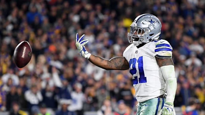 LOS ANGELES, CA - JANUARY 12: Ezekiel Elliott #21 of the Dallas Cowboys celebrates after scoring a 1 yard touchdown in the third quarter against the Los Angeles Rams in the NFC Divisional Playoff game at Los Angeles Memorial Coliseum on January 12, 2019 in Los Angeles, California. (Photo by Harry How/Getty Images) LOS ANGELES, CA - JANUARY 12: Ezekiel Elliott #21 of the Dallas Cowboys celebrates after scoring a 1 yard touchdown in the third quarter against the Los Angeles Rams in the NFC Divisional Playoff game at Los Angeles Memorial Coliseum on January 12, 2019 in Los Angeles, California. (Photo by Harry How/Getty Images)