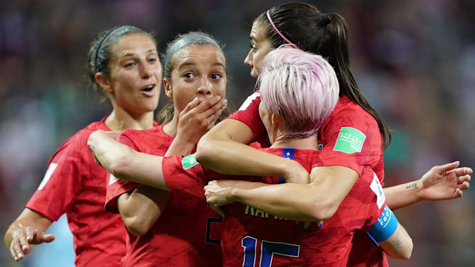 USA's players celebrate a goal during the France 2019 Women's World Cup Group F football match between USA and Thailand, on June 11, 2019, at the Auguste-Delaune Stadium in Reims, eastern France. (Photo by Lionel BONAVENTURE / AFP) (Photo credit should read LIONEL BONAVENTURE/AFP/Getty Images) USA's players celebrate a goal during the France 2019 Women's World Cup Group F football match between USA and Thailand, on June 11, 2019, at the Auguste-Delaune Stadium in Reims, eastern France. (Photo by Lionel BONAVENTURE / AFP) (Photo credit should read LIONEL BONAVENTURE/AFP/Getty Images)