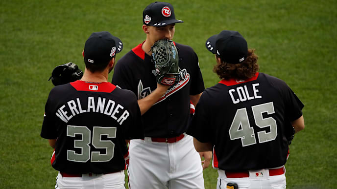 WASHINGTON, DC - JULY 16: Justin Verlander #35, Blake Snell #4 and Gerrit Cole #45 chat during Gatorade All-Star Workout Day at Nationals Park on July 16, 2018 in Washington, DC. (Photo by Patrick McDermott/Getty Images) WASHINGTON, DC - JULY 16: Justin Verlander #35, Blake Snell #4 and Gerrit Cole #45 chat during Gatorade All-Star Workout Day at Nationals Park on July 16, 2018 in Washington, DC. (Photo by Patrick McDermott/Getty Images)