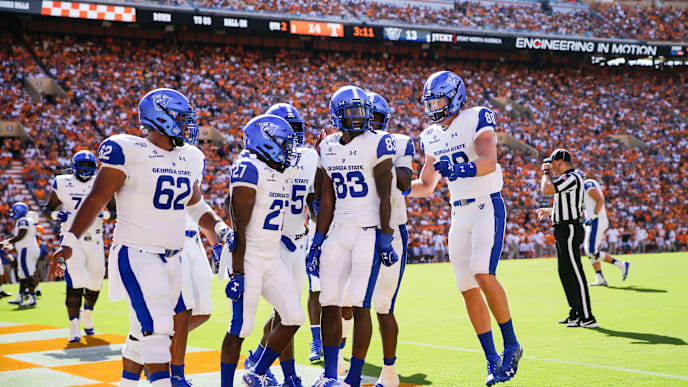 KNOXVILLE, TENNESSEE - AUGUST 31: Cornelius McCoy #83 of the Georgia State Panthers celebrates in the end-zone with his teammates after scoring a touchdown against the Tennessee Volunteers during the second quarter of the season opener at Neyland Stadium on August 31, 2019 in Knoxville, Tennessee. (Photo by Silas Walker/Getty Images) KNOXVILLE, TENNESSEE - AUGUST 31: Cornelius McCoy #83 of the Georgia State Panthers celebrates in the end-zone with his teammates after scoring a touchdown against the Tennessee Volunteers during the second quarter of the season opener at Neyland Stadium on August 31, 2019 in Knoxville, Tennessee. (Photo by Silas Walker/Getty Images)