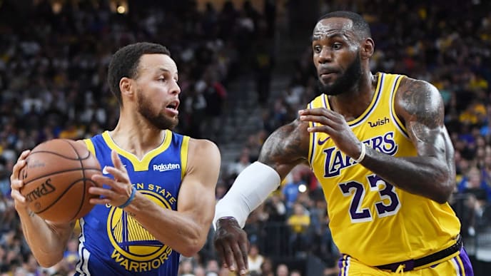 LAS VEGAS, NEVADA - OCTOBER 10: Stephen Curry #30 of the Golden State Warriors drives against LeBron James #23 of the Los Angeles Lakers during their preseason game at T-Mobile Arena on October 10, 2018 in Las Vegas, Nevada. The Lakers defeated the Warriors 123-113. NOTE TO USER: User expressly acknowledges and agrees that, by downloading and or using this photograph, User is consenting to the terms and conditions of the Getty Images License Agreement. (Photo by Ethan Miller/Getty Images) LAS VEGAS, NEVADA - OCTOBER 10: Stephen Curry #30 of the Golden State Warriors drives against LeBron James #23 of the Los Angeles Lakers during their preseason game at T-Mobile Arena on October 10, 2018 in Las Vegas, Nevada. The Lakers defeated the Warriors 123-113. NOTE TO USER: User expressly acknowledges and agrees that, by downloading and or using this photograph, User is consenting to the terms and conditions of the Getty Images License Agreement. (Photo by Ethan Miller/Getty Images)