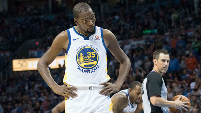 OKLAHOMA CITY, OK - NOVEMBER 22: Kevin Durant #35 of the Golden State Warriors reacts as his team falls behind the Oklahoma City Thunder during the second half of a NBA game at the Chesapeake Energy Arena on November 22, 2017 in Oklahoma City, Oklahoma. NOTE TO USER: User expressly acknowledges and agrees that, by downloading and or using this photograph, User is consenting to the terms and conditions of the Getty Images License Agreement. (Photo by J Pat Carter/Getty Images) OKLAHOMA CITY, OK - NOVEMBER 22: Kevin Durant #35 of the Golden State Warriors reacts as his team falls behind the Oklahoma City Thunder during the second half of a NBA game at the Chesapeake Energy Arena on November 22, 2017 in Oklahoma City, Oklahoma. NOTE TO USER: User expressly acknowledges and agrees that, by downloading and or using this photograph, User is consenting to the terms and conditions of the Getty Images License Agreement. (Photo by J Pat Carter/Getty Images)