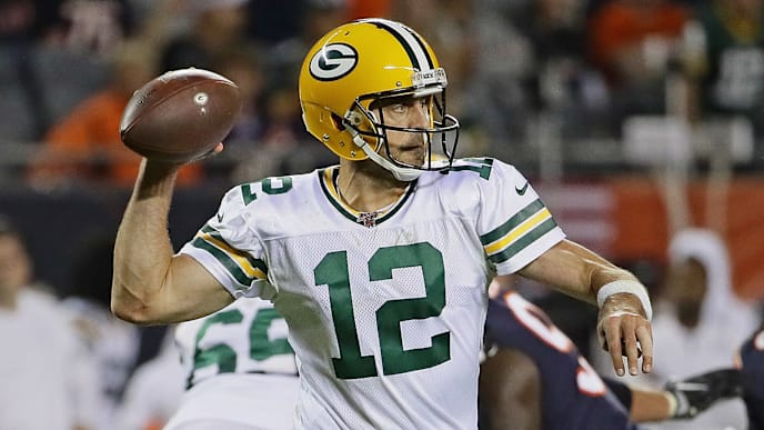 CHICAGO, ILLINOIS - SEPTEMBER 05: Aaron Rodgers #12 of the Green Bay Packers looks to pass against the Chicago Bears at Soldier Field on September 05, 2019 in Chicago, Illinois. The Packers defeated the Bears 10-3. (Photo by Jonathan Daniel/Getty Images) CHICAGO, ILLINOIS - SEPTEMBER 05: Aaron Rodgers #12 of the Green Bay Packers looks to pass against the Chicago Bears at Soldier Field on September 05, 2019 in Chicago, Illinois. The Packers defeated the Bears 10-3. (Photo by Jonathan Daniel/Getty Images)