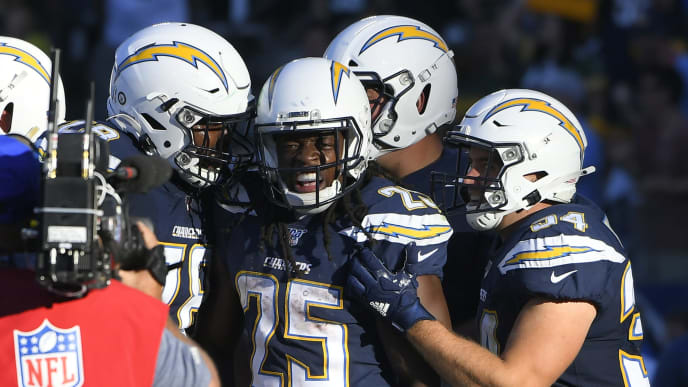 CARSON, CA - NOVEMBER 03: Melvin Gordon #25 of the Los Angeles Chargers celebrates after scoring a touchdown against Green Bay Packers in the second half at Dignity Health Sports Park on November 3, 2019 in Carson, California. (Photo by John McCoy/Getty Images) Chargers won 26-11. CARSON, CA - NOVEMBER 03: Melvin Gordon #25 of the Los Angeles Chargers celebrates after scoring a touchdown against Green Bay Packers in the second half at Dignity Health Sports Park on November 3, 2019 in Carson, California. (Photo by John McCoy/Getty Images) Chargers won 26-11.