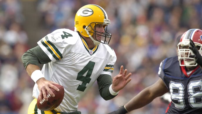 Brett Favre #4 of the Green Bay Packers against Ryan Neufeld #88 of the Buffalo Bills during a game between the Green Bay Packers and Buffalo Bills at Ralph Wilson Stadium in Orchard Park, New York on November 5, 2006. Buffalo won 24-10. (Photo by Mark Konezny/NFLPhotoLibrary) Brett Favre #4 of the Green Bay Packers against Ryan Neufeld #88 of the Buffalo Bills during a game between the Green Bay Packers and Buffalo Bills at Ralph Wilson Stadium in Orchard Park, New York on November 5, 2006. Buffalo won 24-10. (Photo by Mark Konezny/NFLPhotoLibrary)