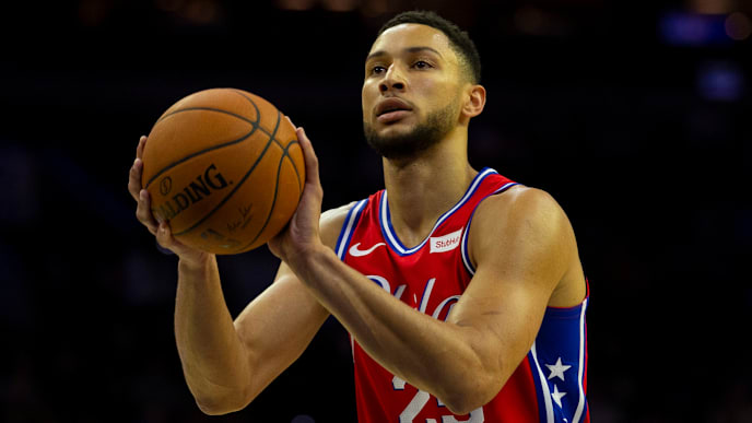 PHILADELPHIA, PA - OCTOBER 08: Ben Simmons #25 of the Philadelphia 76ers attempts a free throw against the Guangzhou Long Lions during the preseason game at the Wells Fargo Center on October 8, 2019 in Philadelphia, Pennsylvania. NOTE TO USER: User expressly acknowledges and agrees that, by downloading and or using this photograph, User is consenting to the terms and conditions of the Getty Images License Agreement. (Photo by Mitchell Leff/Getty Images) PHILADELPHIA, PA - OCTOBER 08: Ben Simmons #25 of the Philadelphia 76ers attempts a free throw against the Guangzhou Long Lions during the preseason game at the Wells Fargo Center on October 8, 2019 in Philadelphia, Pennsylvania. NOTE TO USER: User expressly acknowledges and agrees that, by downloading and or using this photograph, User is consenting to the terms and conditions of the Getty Images License Agreement. (Photo by Mitchell Leff/Getty Images)