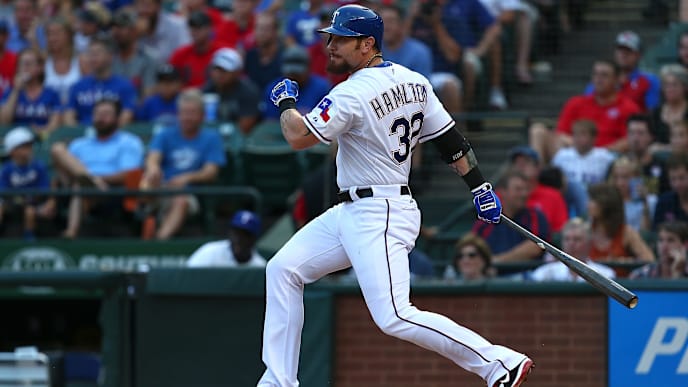 ARLINGTON, TX - AUGUST 04: Josh Hamilton #32 of the Texas Rangers hits a single in the second inning during a game against the Houston Astros at Globe Life Park in Arlington on August 4, 2015 in Arlington, Texas. (Photo by Sarah Crabill/Getty Images) ARLINGTON, TX - AUGUST 04: Josh Hamilton #32 of the Texas Rangers hits a single in the second inning during a game against the Houston Astros at Globe Life Park in Arlington on August 4, 2015 in Arlington, Texas. (Photo by Sarah Crabill/Getty Images)