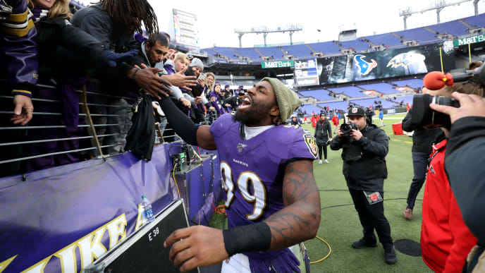 BALTIMORE, MARYLAND - NOVEMBER 17: Matt Judon #99 of the Baltimore Ravens celebrates with fans following the Ravens win over the Houston Texans at M&T Bank Stadium on November 17, 2019 in Baltimore, Maryland. (Photo by Rob Carr/Getty Images) BALTIMORE, MARYLAND - NOVEMBER 17: Matt Judon #99 of the Baltimore Ravens celebrates with fans following the Ravens win over the Houston Texans at M&T Bank Stadium on November 17, 2019 in Baltimore, Maryland. (Photo by Rob Carr/Getty Images)