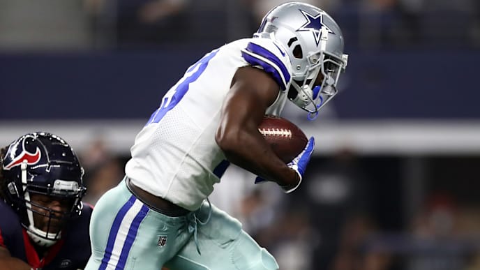 ARLINGTON, TEXAS - AUGUST 24: Michael Gallup #13 of the Dallas Cowboys runs the ball against Peter Kalambayi #58 of the Houston Texans in the first quarter during a NFL preseason game at AT&T Stadium on August 24, 2019 in Arlington, Texas. (Photo by Ronald Martinez/Getty Images) ARLINGTON, TEXAS - AUGUST 24: Michael Gallup #13 of the Dallas Cowboys runs the ball against Peter Kalambayi #58 of the Houston Texans in the first quarter during a NFL preseason game at AT&T Stadium on August 24, 2019 in Arlington, Texas. (Photo by Ronald Martinez/Getty Images)
