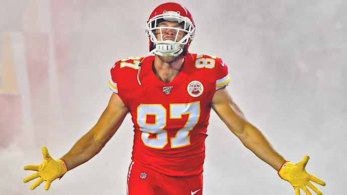 KANSAS CITY, MO - OCTOBER 06: Tight end Travis Kelce #87 of the Kansas City Chiefs reacts as is introduced before a game against the Indianapolis Colts at Arrowhead Stadium on October 6, 2019 in Kansas City, Missouri. (Photo by Peter G. Aiken/Getty Images) KANSAS CITY, MO - OCTOBER 06: Tight end Travis Kelce #87 of the Kansas City Chiefs reacts as is introduced before a game against the Indianapolis Colts at Arrowhead Stadium on October 6, 2019 in Kansas City, Missouri. (Photo by Peter G. Aiken/Getty Images)