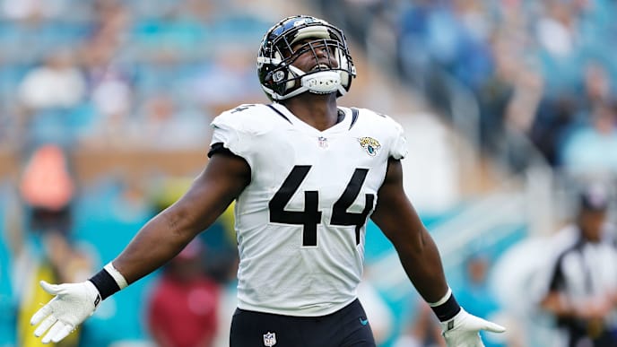 MIAMI, FLORIDA - DECEMBER 23: Myles Jack #44 of the Jacksonville Jaguars celebrates after the Miami Dolphins misses a field goal attempt in the second quarter at Hard Rock Stadium on December 23, 2018 in Miami, Florida. (Photo by Michael Reaves/Getty Images) MIAMI, FLORIDA - DECEMBER 23: Myles Jack #44 of the Jacksonville Jaguars celebrates after the Miami Dolphins misses a field goal attempt in the second quarter at Hard Rock Stadium on December 23, 2018 in Miami, Florida. (Photo by Michael Reaves/Getty Images)