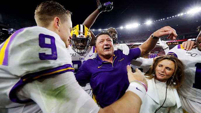 TUSCALOOSA, ALABAMA - NOVEMBER 09: Joe Burrow #9 of the LSU Tigers celebrates with head coach Ed Orgeron after defeating the Alabama Crimson Tide 46-41 at Bryant-Denny Stadium on November 09, 2019 in Tuscaloosa, Alabama. (Photo by Kevin C. Cox/Getty Images) TUSCALOOSA, ALABAMA - NOVEMBER 09: Joe Burrow #9 of the LSU Tigers celebrates with head coach Ed Orgeron after defeating the Alabama Crimson Tide 46-41 at Bryant-Denny Stadium on November 09, 2019 in Tuscaloosa, Alabama. (Photo by Kevin C. Cox/Getty Images)