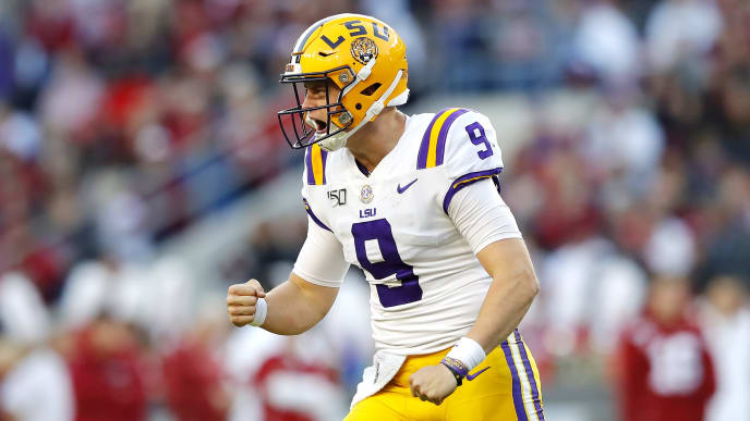TUSCALOOSA, ALABAMA - NOVEMBER 09: Joe Burrow #9 of the LSU Tigers celebrates after throwing a 13-yard touchdown pass during the second quarter against the Alabama Crimson Tide in the game at Bryant-Denny Stadium on November 09, 2019 in Tuscaloosa, Alabama. (Photo by Kevin C. Cox/Getty Images) TUSCALOOSA, ALABAMA - NOVEMBER 09: Joe Burrow #9 of the LSU Tigers celebrates after throwing a 13-yard touchdown pass during the second quarter against the Alabama Crimson Tide in the game at Bryant-Denny Stadium on November 09, 2019 in Tuscaloosa, Alabama. (Photo by Kevin C. Cox/Getty Images)