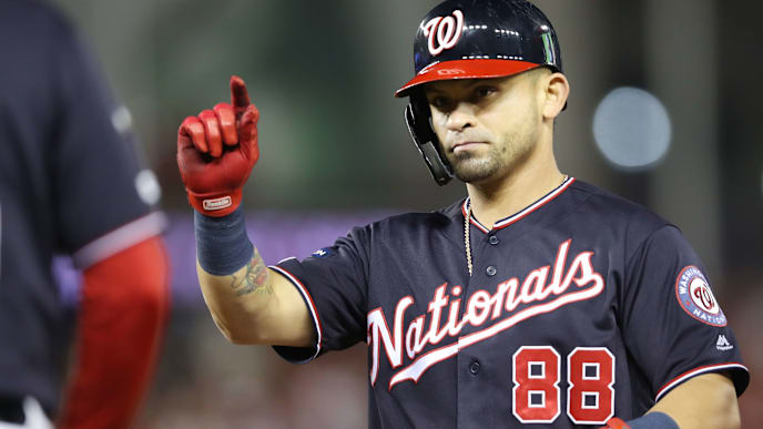 WASHINGTON, DC - OCTOBER 15: Gerardo Parra #88 of the Washington Nationals celebrates his single in the sixth inning against the St. Louis Cardinals during game four of the National League Championship Series at Nationals Park on October 15, 2019 in Washington, DC. (Photo by Rob Carr/Getty Images) WASHINGTON, DC - OCTOBER 15: Gerardo Parra #88 of the Washington Nationals celebrates his single in the sixth inning against the St. Louis Cardinals during game four of the National League Championship Series at Nationals Park on October 15, 2019 in Washington, DC. (Photo by Rob Carr/Getty Images)