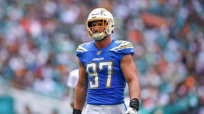 MIAMI, FLORIDA - SEPTEMBER 29: Joey Bosa #97 of the Los Angeles Chargers in action in the second quarter against the Miami Dolphins at Hard Rock Stadium on September 29, 2019 in Miami, Florida. (Photo by Mark Brown/Getty Images) MIAMI, FLORIDA - SEPTEMBER 29: Joey Bosa #97 of the Los Angeles Chargers in action in the second quarter against the Miami Dolphins at Hard Rock Stadium on September 29, 2019 in Miami, Florida. (Photo by Mark Brown/Getty Images)