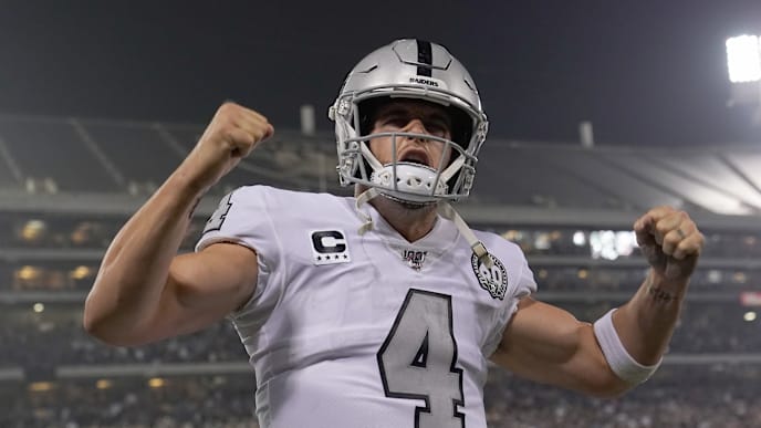 OAKLAND, CALIFORNIA - NOVEMBER 07: Quarterback Derek Carr #4 of the Oakland Raiders celebrates after Josh Jacobs (not pictured) scored a touchdown late in the fourth quarter against the Los Angeles Chargers at RingCentral Coliseum on November 07, 2019 in Oakland, California. The Raiders won 26-24. (Photo by Thearon W. Henderson/Getty Images) OAKLAND, CALIFORNIA - NOVEMBER 07: Quarterback Derek Carr #4 of the Oakland Raiders celebrates after Josh Jacobs (not pictured) scored a touchdown late in the fourth quarter against the Los Angeles Chargers at RingCentral Coliseum on November 07, 2019 in Oakland, California. The Raiders won 26-24. (Photo by Thearon W. Henderson/Getty Images)