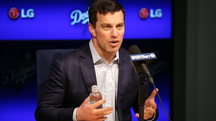 LOS ANGELES, CA - JANUARY 07: Dodgers president of baseball operations Andrew Friedman introduces Pitcher Kenta Maeda to the Los Angeles Dodgers at Dodger Stadium on January 7, 2016 in Los Angeles, California. (Photo by Joe Scarnici/Getty Images) LOS ANGELES, CA - JANUARY 07: Dodgers president of baseball operations Andrew Friedman introduces Pitcher Kenta Maeda to the Los Angeles Dodgers at Dodger Stadium on January 7, 2016 in Los Angeles, California. (Photo by Joe Scarnici/Getty Images)