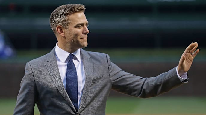 CHICAGO, IL - APRIL 12: President Theo Epstein of the Chicago Cubs waves to the crowd during a World Series Championship ring ceremony before a game against the Los Angeles Dodgers at Wrigley Field on April 12, 2017 in Chicago, Illinois. (Photo by Jonathan Daniel/Getty Images) CHICAGO, IL - APRIL 12: President Theo Epstein of the Chicago Cubs waves to the crowd during a World Series Championship ring ceremony before a game against the Los Angeles Dodgers at Wrigley Field on April 12, 2017 in Chicago, Illinois. (Photo by Jonathan Daniel/Getty Images)