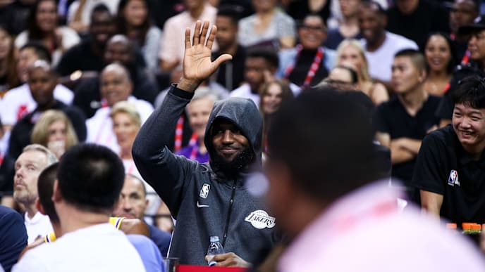 SHENZHEN, CHINA - OCTOBER 12: LeBron James #23 of the Los Angeles Lakers reacts to supporters during a preseason game against the Brooklyn Nets as part of 2019 NBA Global Games China at Shenzhen Universiade Center on October 12, 2019 in Shenzhen, Guangdong, China. (Photo by Zhong Zhi/Getty Images) SHENZHEN, CHINA - OCTOBER 12: LeBron James #23 of the Los Angeles Lakers reacts to supporters during a preseason game against the Brooklyn Nets as part of 2019 NBA Global Games China at Shenzhen Universiade Center on October 12, 2019 in Shenzhen, Guangdong, China. (Photo by Zhong Zhi/Getty Images)