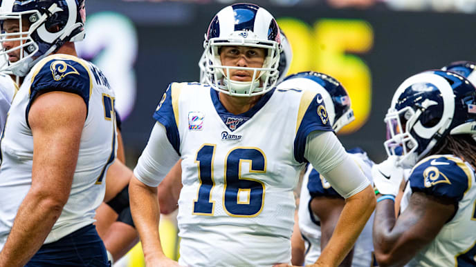 ATLANTA, GA - OCTOBER 20: Jared Goff #16 of the Los Angeles Rams looks on during a game against the Atlanta Falcons at Mercedes-Benz Stadium on October 20, 2019 in Atlanta, Georgia. (Photo by Carmen Mandato/Getty Images) ATLANTA, GA - OCTOBER 20: Jared Goff #16 of the Los Angeles Rams looks on during a game against the Atlanta Falcons at Mercedes-Benz Stadium on October 20, 2019 in Atlanta, Georgia. (Photo by Carmen Mandato/Getty Images)