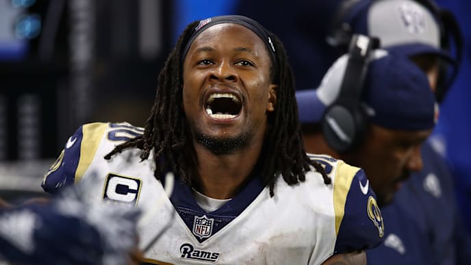 DETROIT, MI - DECEMBER 02: Running back Todd Gurley #30 of the Los Angeles Rams celebrates the Rams 30-16 victory over the Lions at Ford Field on December 2, 2018 in Detroit, Michigan. (Photo by Gregory Shamus/Getty Images) DETROIT, MI - DECEMBER 02: Running back Todd Gurley #30 of the Los Angeles Rams celebrates the Rams 30-16 victory over the Lions at Ford Field on December 2, 2018 in Detroit, Michigan. (Photo by Gregory Shamus/Getty Images)