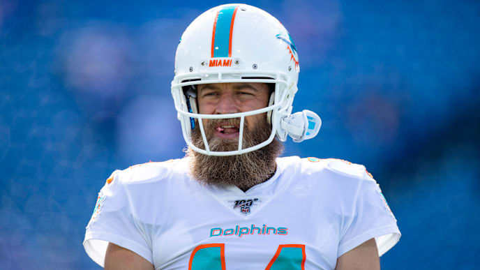 ORCHARD PARK, NY - OCTOBER 20: Ryan Fitzpatrick #14 of the Miami Dolphins warms up before the game against the Buffalo Bills at New Era Field on October 20, 2019 in Orchard Park, New York. Buffalo defeats Miami 31-21. (Photo by Brett Carlsen/Getty Images) ORCHARD PARK, NY - OCTOBER 20: Ryan Fitzpatrick #14 of the Miami Dolphins warms up before the game against the Buffalo Bills at New Era Field on October 20, 2019 in Orchard Park, New York. Buffalo defeats Miami 31-21. (Photo by Brett Carlsen/Getty Images)