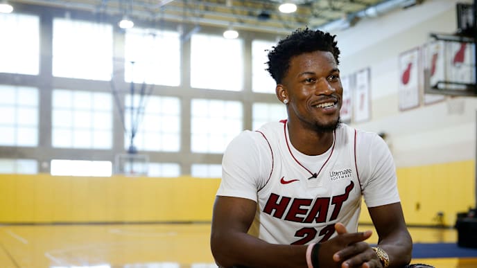 MIAMI, FLORIDA - SEPTEMBER 27: Jimmy Butler #22 of the Miami Heat answers questions from the media during his introductory press conference at American Airlines Arena on September 27, 2019 in Miami, Florida. NOTE TO USER: User expressly acknowledges and agrees that, by downloading and or using this photograph, User is consenting to the terms and conditions of the Getty Images License Agreement. (Photo by Michael Reaves/Getty Images) MIAMI, FLORIDA - SEPTEMBER 27: Jimmy Butler #22 of the Miami Heat answers questions from the media during his introductory press conference at American Airlines Arena on September 27, 2019 in Miami, Florida. NOTE TO USER: User expressly acknowledges and agrees that, by downloading and or using this photograph, User is consenting to the terms and conditions of the Getty Images License Agreement. (Photo by Michael Reaves/Getty Images)