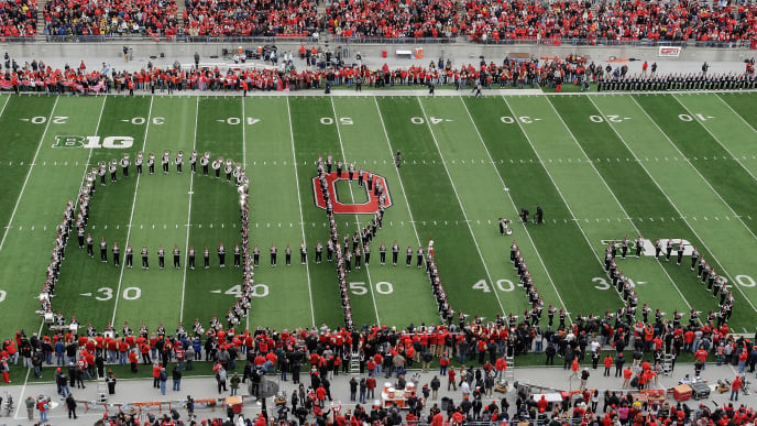 COLUMBUS, OH - NOVEMBER 24: The Ohio State Marching Band performs the Script Ohio before the game against the Michigan Wolverines at Ohio Stadium on November 24, 2012 in Columbus, Ohio. (Photo by Jamie Sabau/Getty Images) COLUMBUS, OH - NOVEMBER 24: The Ohio State Marching Band performs the Script Ohio before the game against the Michigan Wolverines at Ohio Stadium on November 24, 2012 in Columbus, Ohio. (Photo by Jamie Sabau/Getty Images)