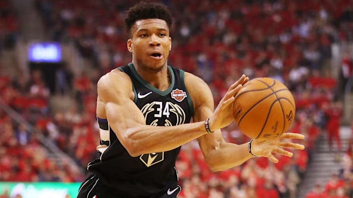 TORONTO, ONTARIO - MAY 25: Giannis Antetokounmpo #34 of the Milwaukee Bucks handles the ball during the first half against the Toronto Raptors in game six of the NBA Eastern Conference Finals at Scotiabank Arena on May 25, 2019 in Toronto, Canada. NOTE TO USER: User expressly acknowledges and agrees that, by downloading and or using this photograph, User is consenting to the terms and conditions of the Getty Images License Agreement. (Photo by Gregory Shamus/Getty Images) TORONTO, ONTARIO - MAY 25: Giannis Antetokounmpo #34 of the Milwaukee Bucks handles the ball during the first half against the Toronto Raptors in game six of the NBA Eastern Conference Finals at Scotiabank Arena on May 25, 2019 in Toronto, Canada. NOTE TO USER: User expressly acknowledges and agrees that, by downloading and or using this photograph, User is consenting to the terms and conditions of the Getty Images License Agreement. (Photo by Gregory Shamus/Getty Images)