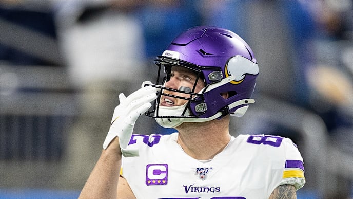 DETROIT, MI - OCTOBER 20: Kyle Rudolph #82 of the Minnesota Vikings warms up prior to the start of the game against the Detroit Lions at Ford Field on October 20, 2019 in Detroit, Michigan. Minnesota defeated Detroit 42-30. (Photo by Leon Halip/Getty Images) DETROIT, MI - OCTOBER 20: Kyle Rudolph #82 of the Minnesota Vikings warms up prior to the start of the game against the Detroit Lions at Ford Field on October 20, 2019 in Detroit, Michigan. Minnesota defeated Detroit 42-30. (Photo by Leon Halip/Getty Images)