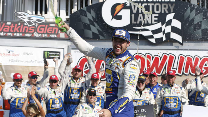 WATKINS GLEN, NEW YORK - AUGUST 04: Chase Elliott, driver of the #9 NAPA AUTO PARTS Chevrolet, celebrates in Victory Lane after winning the Monster Energy NASCAR Cup Series Go Bowling at The Glen at Watkins Glen International on August 04, 2019 in Watkins Glen, New York. (Photo by Brian Lawdermilk/Getty Images) WATKINS GLEN, NEW YORK - AUGUST 04: Chase Elliott, driver of the #9 NAPA AUTO PARTS Chevrolet, celebrates in Victory Lane after winning the Monster Energy NASCAR Cup Series Go Bowling at The Glen at Watkins Glen International on August 04, 2019 in Watkins Glen, New York. (Photo by Brian Lawdermilk/Getty Images)