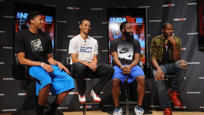 NEW YORK, NY - AUGUST 19: (L-R) NBA 2K15 Uncensored featured NBA stars Anthony Davis, Stephen Curry, James Harden and Kevin Durant attend a roundtable discussion at Baruch College on August 19, 2014 in New York City. Visit http://www.facebook.com/NBA2K and use #2KUncensored to keep the conversation going. NBA 2K15 releases October 7, 2014. (Photo by Brad Barket/Getty Images for 2K) NEW YORK, NY - AUGUST 19: (L-R) NBA 2K15 Uncensored featured NBA stars Anthony Davis, Stephen Curry, James Harden and Kevin Durant attend a roundtable discussion at Baruch College on August 19, 2014 in New York City. Visit http://www.facebook.com/NBA2K and use #2KUncensored to keep the conversation going. NBA 2K15 releases October 7, 2014. (Photo by Brad Barket/Getty Images for 2K)