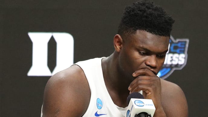 WASHINGTON, DC - MARCH 31: Zion Williamson #1 of the Duke Blue Devils looks on as he speaks to the media after their teams 68-67 loss to the Michigan State Spartans in the East Regional game of the 2019 NCAA Men's Basketball Tournament at Capital One Arena on March 31, 2019 in Washington, DC. (Photo by Patrick Smith/Getty Images) WASHINGTON, DC - MARCH 31: Zion Williamson #1 of the Duke Blue Devils looks on as he speaks to the media after their teams 68-67 loss to the Michigan State Spartans in the East Regional game of the 2019 NCAA Men's Basketball Tournament at Capital One Arena on March 31, 2019 in Washington, DC. (Photo by Patrick Smith/Getty Images)