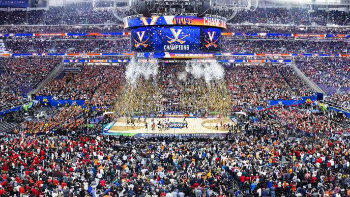 MINNEAPOLIS, MN - APRIL 08: (EDITORS NOTES: This is a panoramic stitched from separate photos) The Virginia Cavaliers celebrate their teams 85-77 win over the Texas Tech Red Raiders to win the 2019 NCAA men’s Final Four National Championship game at U.S. Bank Stadium on April 8, 2019. (Photo by Chris Gjevre/Blakeway World Panoramas/Getty Images) MINNEAPOLIS, MN - APRIL 08: (EDITORS NOTES: This is a panoramic stitched from separate photos) The Virginia Cavaliers celebrate their teams 85-77 win over the Texas Tech Red Raiders to win the 2019 NCAA men’s Final Four National Championship game at U.S. Bank Stadium on April 8, 2019. (Photo by Chris Gjevre/Blakeway World Panoramas/Getty Images)