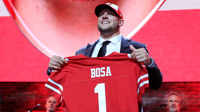 NASHVILLE, TENNESSEE - APRIL 25: Nick Bosa of Ohio State reacts after being chosen #2 overall by the San Francisco 49ers during the first round of the 2019 NFL Draft on April 25, 2019 in Nashville, Tennessee. (Photo by Andy Lyons/Getty Images) NASHVILLE, TENNESSEE - APRIL 25: Nick Bosa of Ohio State reacts after being chosen #2 overall by the San Francisco 49ers during the first round of the 2019 NFL Draft on April 25, 2019 in Nashville, Tennessee. (Photo by Andy Lyons/Getty Images)