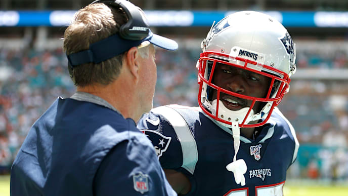 MIAMI, FLORIDA - SEPTEMBER 15: Antonio Brown #17 of the New England Patriots celebrates with head coach Bill Belichick after scoring a 20 yard touchdown thrown by Tom Brady #12 against the Miami Dolphins during the second quarter in the game at Hard Rock Stadium on September 15, 2019 in Miami, Florida. (Photo by Michael Reaves/Getty Images) MIAMI, FLORIDA - SEPTEMBER 15: Antonio Brown #17 of the New England Patriots celebrates with head coach Bill Belichick after scoring a 20 yard touchdown thrown by Tom Brady #12 against the Miami Dolphins during the second quarter in the game at Hard Rock Stadium on September 15, 2019 in Miami, Florida. (Photo by Michael Reaves/Getty Images)