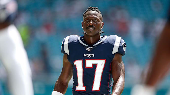 MIAMI, FLORIDA - SEPTEMBER 15: Wide Receiver Antonio Brown #17 of the New England Patriots warms up prior to the game against the Miami Dolphins at Hard Rock Stadium on September 15, 2019 in Miami, Florida. (Photo by Michael Reaves/Getty Images) MIAMI, FLORIDA - SEPTEMBER 15: Wide Receiver Antonio Brown #17 of the New England Patriots warms up prior to the game against the Miami Dolphins at Hard Rock Stadium on September 15, 2019 in Miami, Florida. (Photo by Michael Reaves/Getty Images)