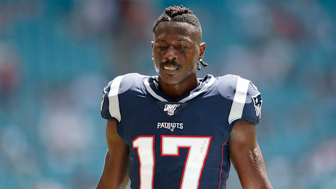 MIAMI, FLORIDA - SEPTEMBER 15: Wide Receiver Antonio Brown #17 of the New England Patriots warms up prior to the game against the Miami Dolphins at Hard Rock Stadium on September 15, 2019 in Miami, Florida. (Photo by Michael Reaves/Getty Images) MIAMI, FLORIDA - SEPTEMBER 15: Wide Receiver Antonio Brown #17 of the New England Patriots warms up prior to the game against the Miami Dolphins at Hard Rock Stadium on September 15, 2019 in Miami, Florida. (Photo by Michael Reaves/Getty Images)