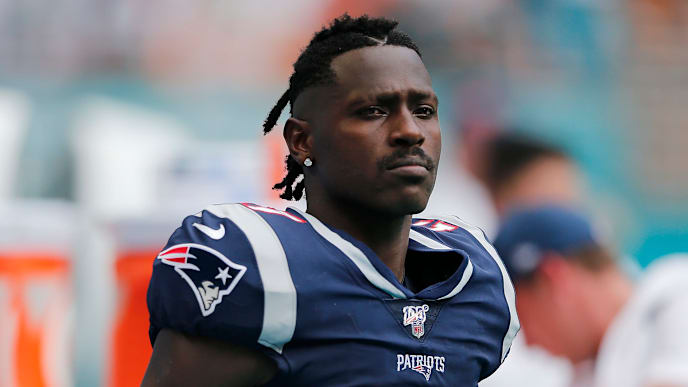 MIAMI, FLORIDA - SEPTEMBER 15: Antonio Brown #17 of the New England Patriots looks on against the Miami Dolphins during the fourth quarter at Hard Rock Stadium on September 15, 2019 in Miami, Florida. (Photo by Michael Reaves/Getty Images) MIAMI, FLORIDA - SEPTEMBER 15: Antonio Brown #17 of the New England Patriots looks on against the Miami Dolphins during the fourth quarter at Hard Rock Stadium on September 15, 2019 in Miami, Florida. (Photo by Michael Reaves/Getty Images)