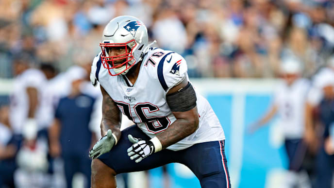 NASHVILLE, TN - AUGUST 17: Isaiah Wynn #76 of the New England Patriots drops back to block during a game against the Tennessee Titans during week two of the preseason at Nissan Stadium on August 17, 2019 in Nashville, Tennessee. The Patriots defeated the Titans 22-17. (Photo by Wesley Hitt/Getty Images) NASHVILLE, TN - AUGUST 17: Isaiah Wynn #76 of the New England Patriots drops back to block during a game against the Tennessee Titans during week two of the preseason at Nissan Stadium on August 17, 2019 in Nashville, Tennessee. The Patriots defeated the Titans 22-17. (Photo by Wesley Hitt/Getty Images)